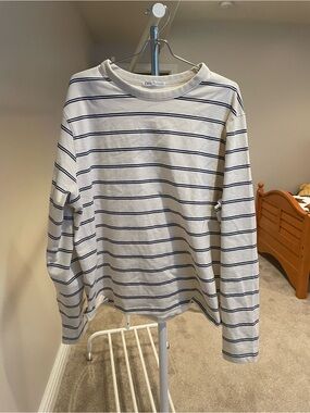 Zara Men’s Cream Long-Sleeve Shirt with Navy Stripes
